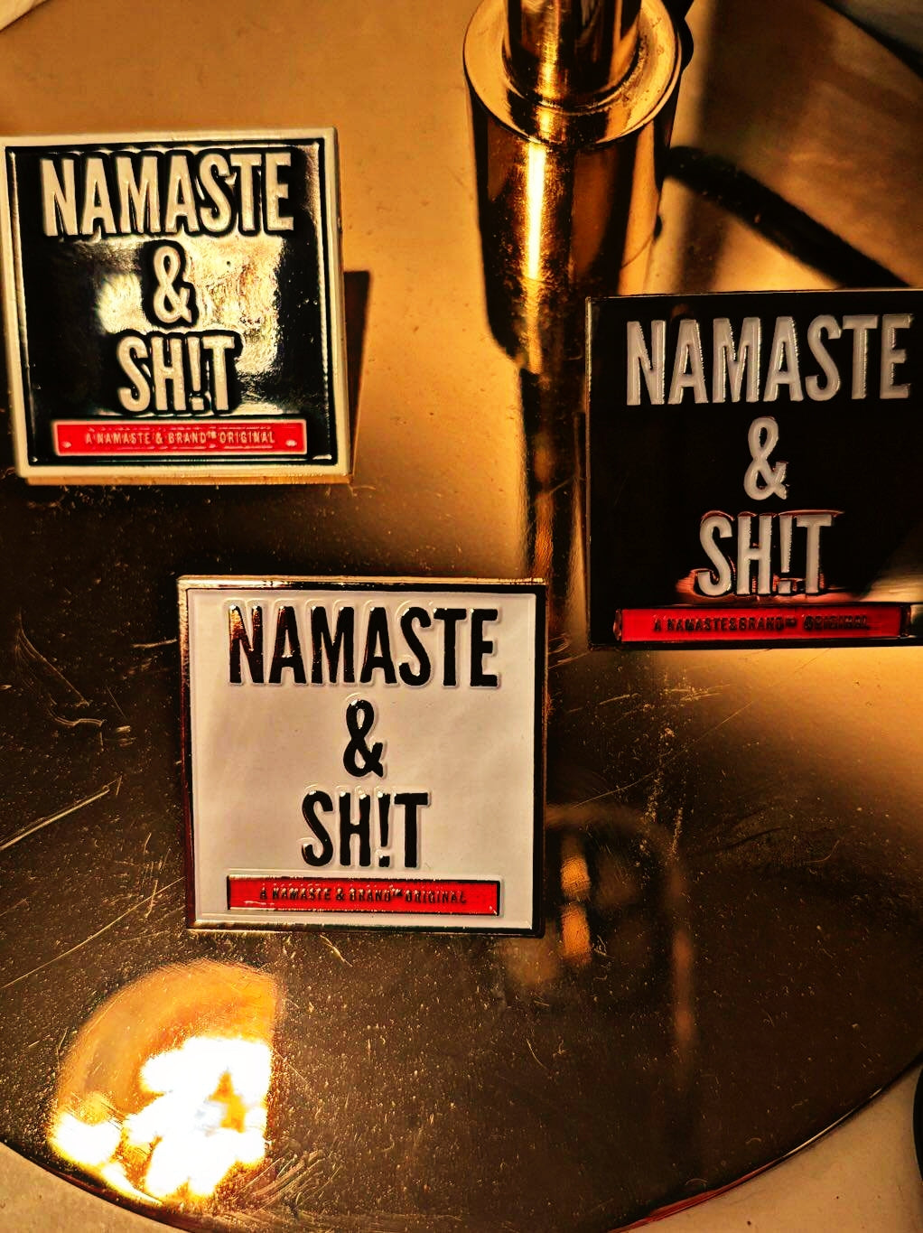 Golden Namaste & Sh!t Stencil enamel lapel pin