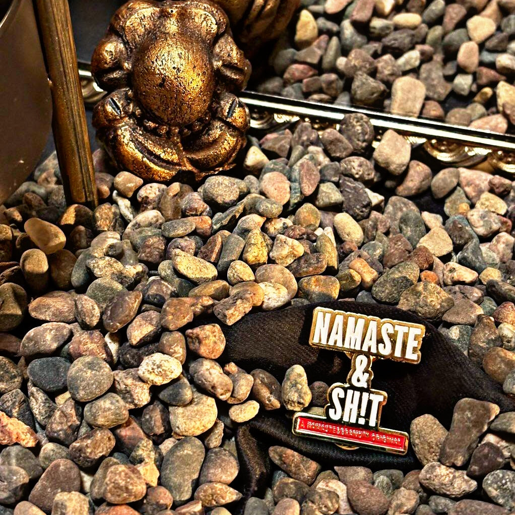 Golden Namaste & Sh!t Stencil enamel lapel pin